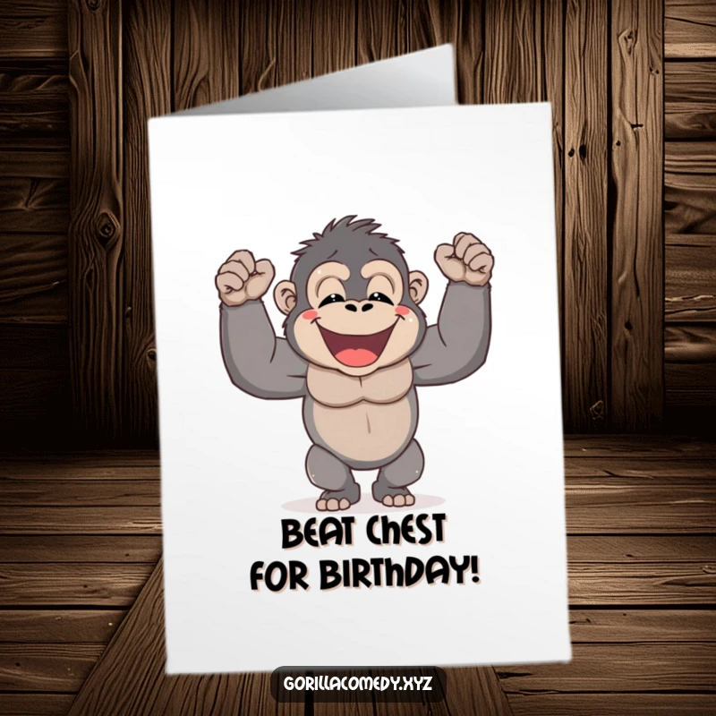 Funny Free Printable Birthday Card: a cute gorilla character pounds its chest with a huge smile for birthday wishes.