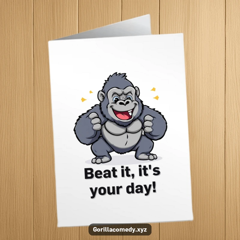 Free Printable Birthday Card: A cheerful gorilla pounds its chest with a happy beat, celebrating a birthday with gusto.