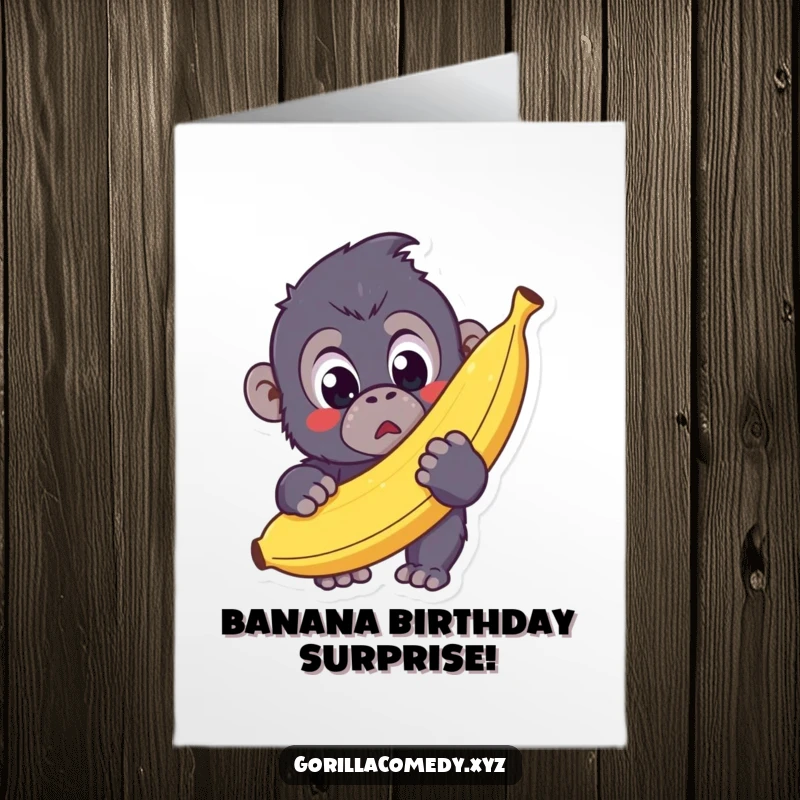 Funny Free Printable Birthday Card: a Kawaii gorilla with surprised eyes holds a giant banana for a birthday surprise.