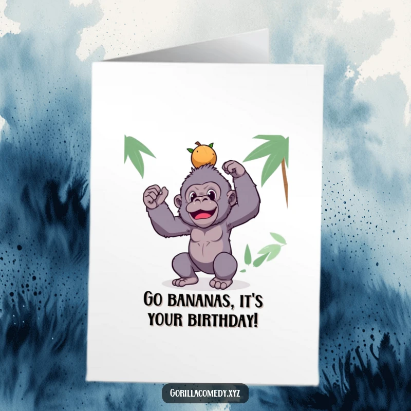 Funny Free Printable Birthday Card: A silly gorilla precariously balances a tall stack of coconuts on its head, celebrating a birthday.