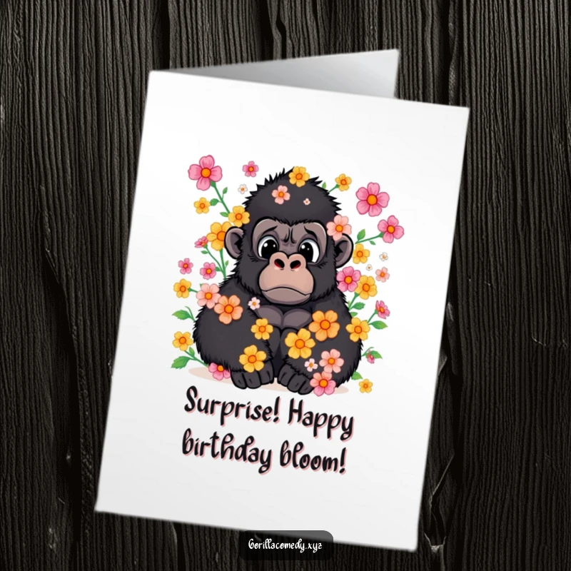 Funny free printable birthday card: a gorilla with a surprised face is covered in a delightful shower of blooming flowers.