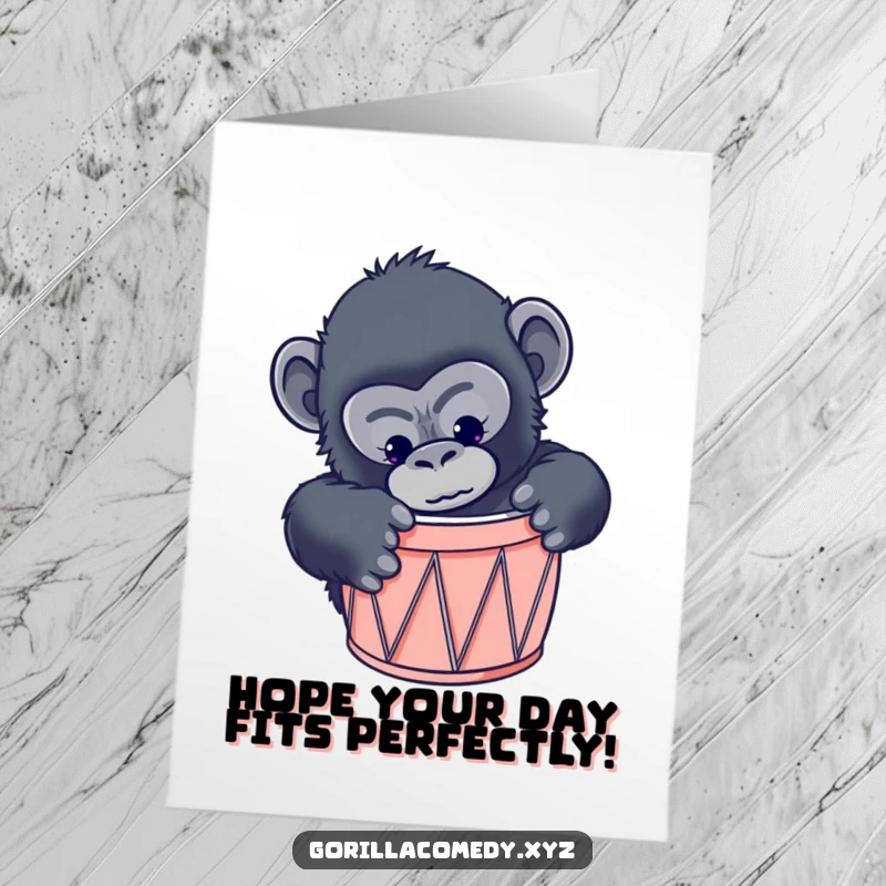 Funny free printable birthday card: curious gorilla attempting to fit inside a very small drum, looking bewildered.