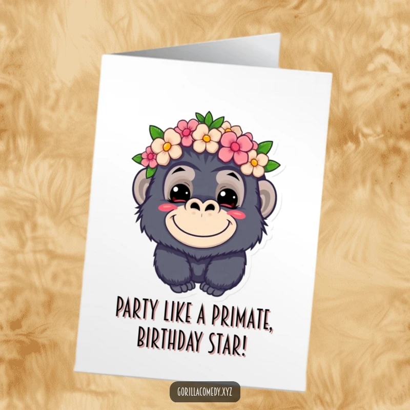 Funny Free Printable Birthday Card: Cute kawaii gorilla with a sly grin, sporting a floral crown, celebrating your birthday.