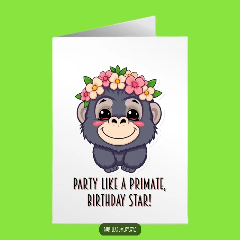 Free Printable Funny Birthday Card: Mischievous Gorilla w/ Flower Crown - Downloadable Gift