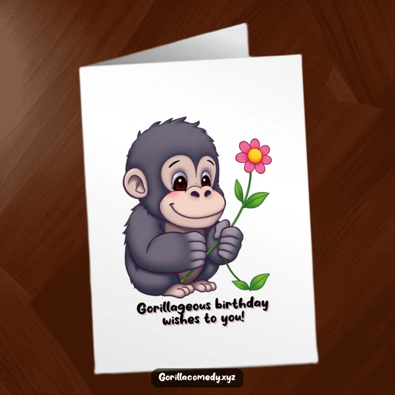 Funny Free Printable Birthday Card: Gentle gorilla offering a vibrant flower, perfect for a unique and heartfelt DIY celebration.