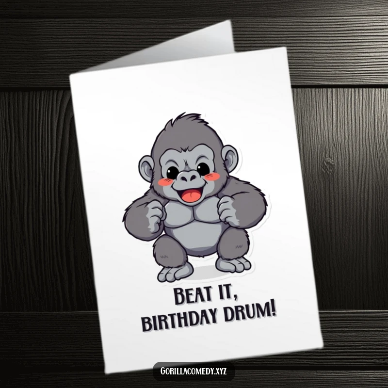 Funny Free Printable Birthday Card: Playful gorilla character enthusiastically pounding its chest with a rhythmic, powerful thump.
