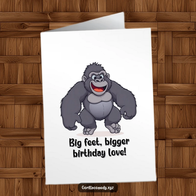Funny free printable birthday card featuring a gorilla with huge, happy feet stomping playfully, ready to party.