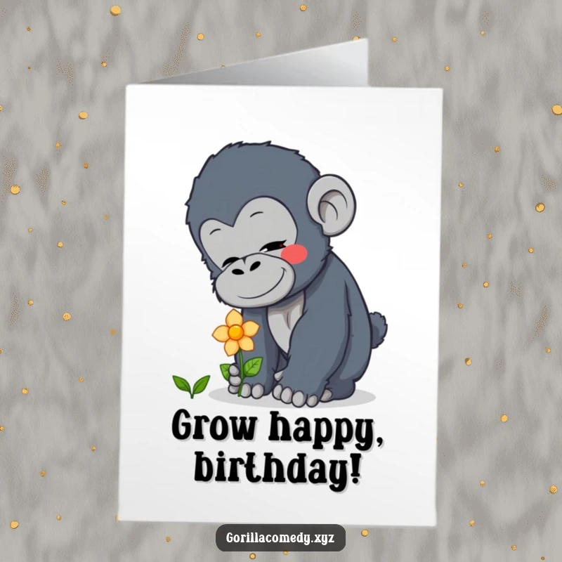Funny Free Printable Happy Birthday Card: Curious gorilla character gently patting a tiny blooming flower, sharing a soft, sweet birthday wish.