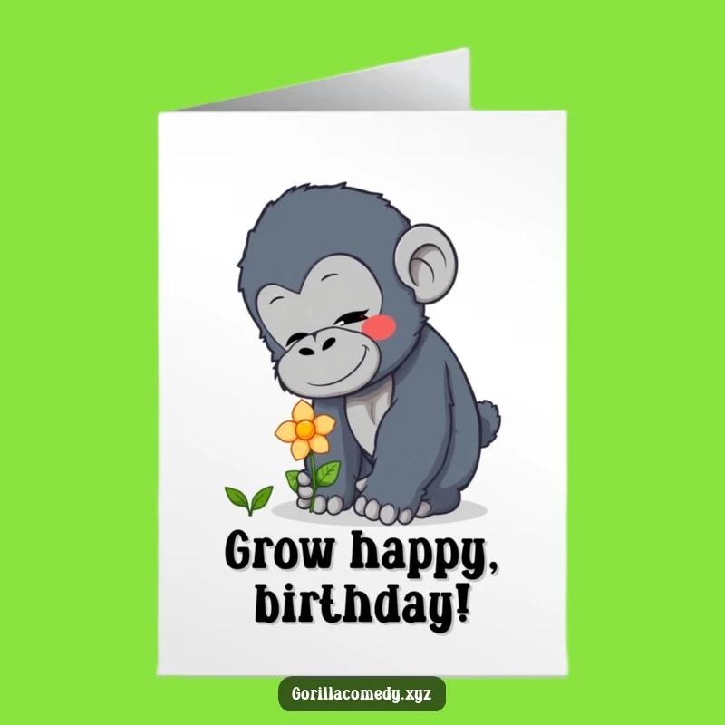 Free Printable Happy Birthday Card: Gentle Gorilla and Flower for a Sweet Celebration