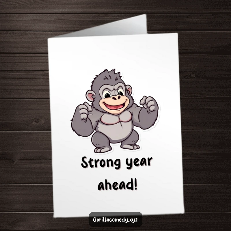 Funny Free Printable Happy Birthday Card: Muscular kawaii gorilla character flexing biceps proudly, celebrating a strong and powerful birthday wish.