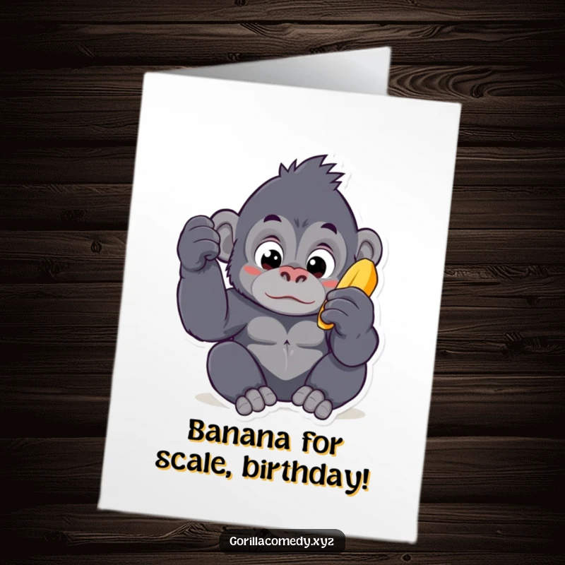 Funny Free Printable Birthday Card: Curious Kawaii gorilla peeking at a banana, ready to celebrate with jungle humor.