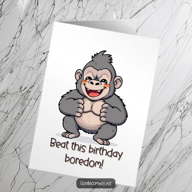 Funny Free Printable Kawaii Gorilla Birthday Card: Grinning gorilla character enthusiastically drumming its chest with pure joy for a birthday.