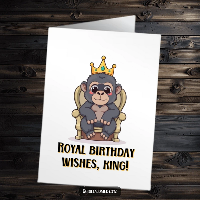 Funny free printable birthday card: a gorilla wearing a tiny crown sits regally on a makeshift throne, celebrating.