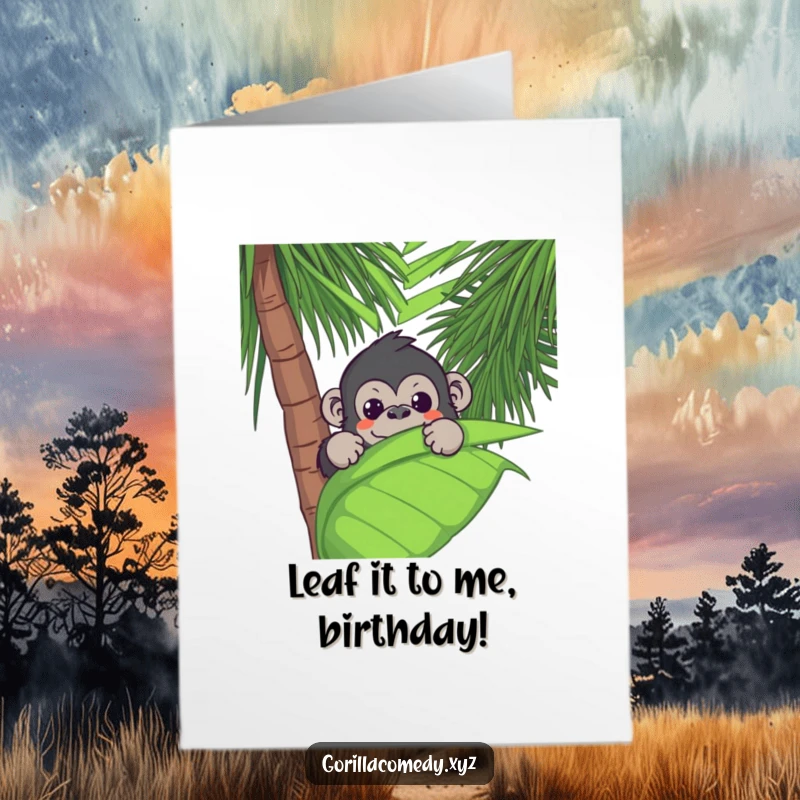 Funny Free Printable Birthday Card: Kawaii gorilla hiding behind a giant palm leaf, peeking out with a playful grin.