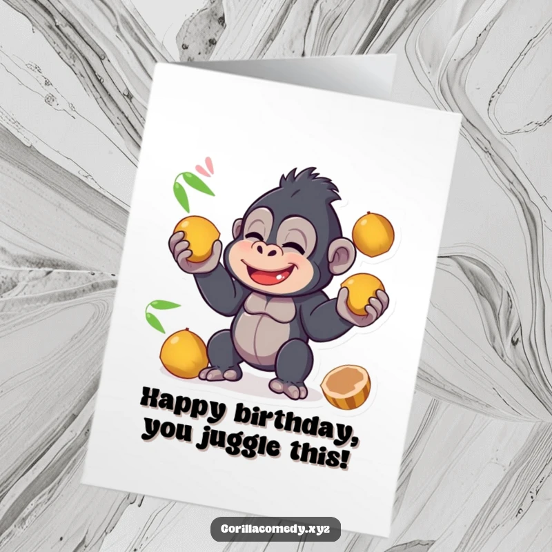Funny Free Printable Birthday Card: A giggling kawaii gorilla masterfully juggling three brown coconuts in the air.