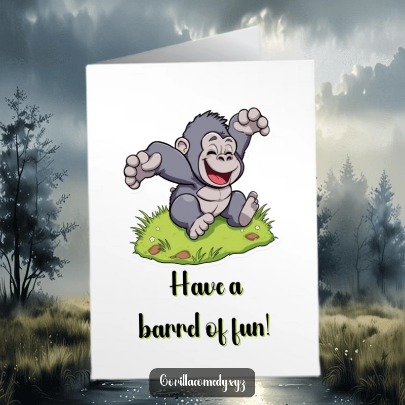 Funny Free Printable Birthday Card: A stylized gorilla joyfully tumbles down a green grassy hill.