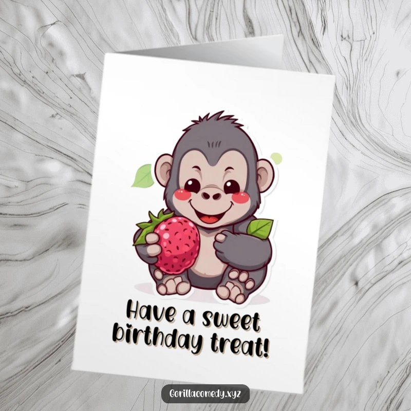 Funny Free Printable Gentle Gorilla Birthday Card with a gorilla offering a large berry and a kind smile.