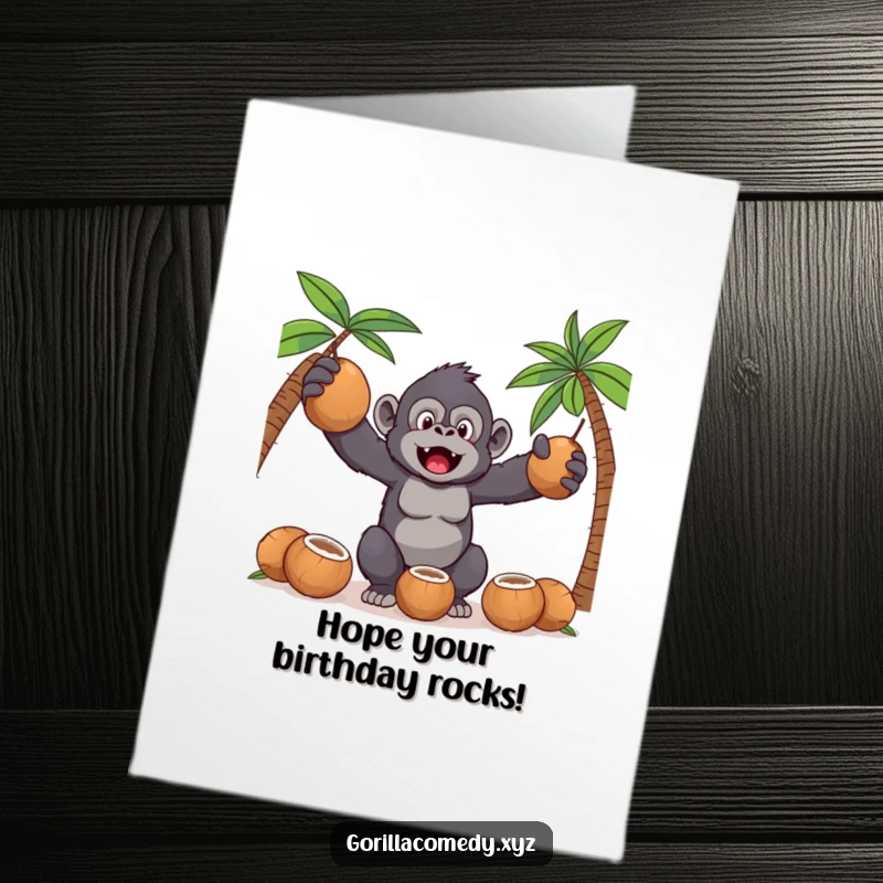 Funny Free Printable Birthday Card: Kawaii gorilla hilariously attempting to juggle multiple coconuts with a determined expression.