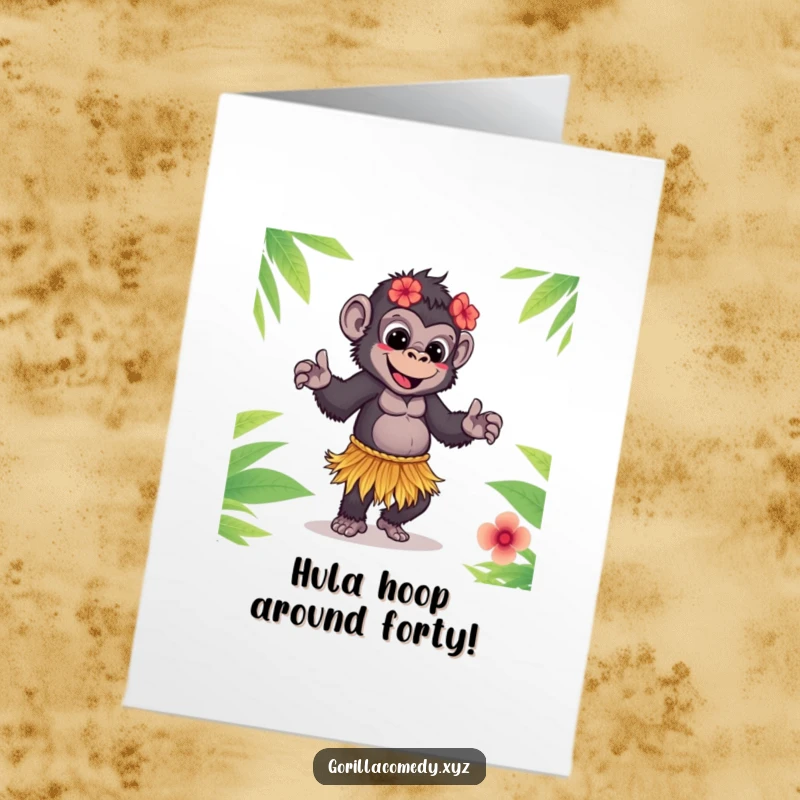 Funny Free Printable Birthday Card: Gorilla in grass skirt hula dancing with joy, a whimsical downloadable gift.
