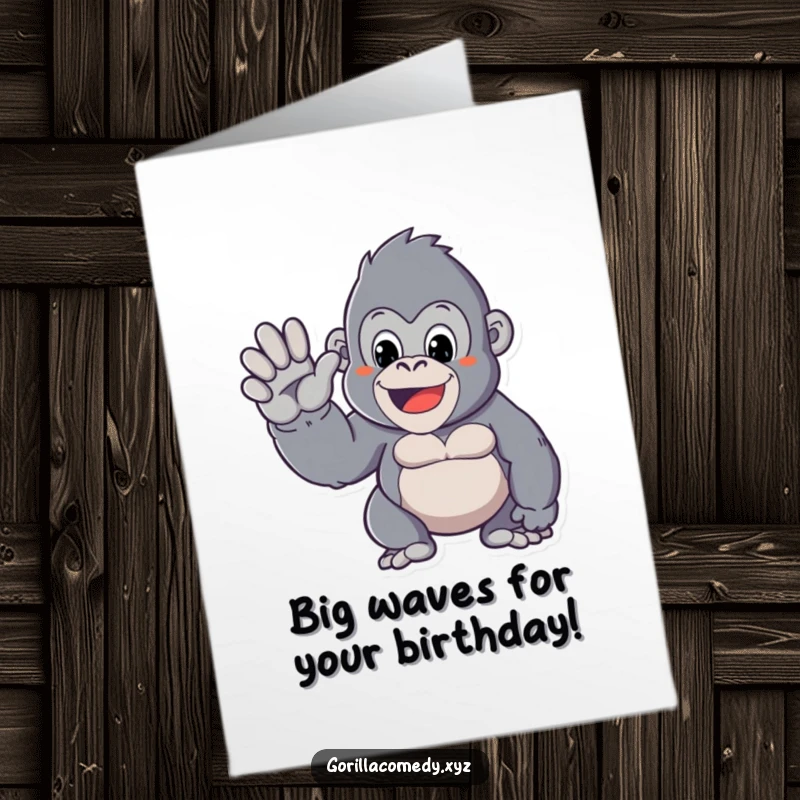 Funny free printable birthday card featuring a cute Kawaii gorilla giving a big, friendly wave with its oversized hand.