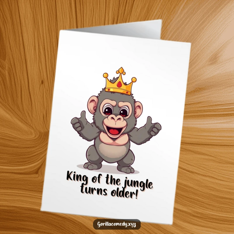 Funny free printable birthday card: theatrical gorilla wearing a crown, striking a dramatic pose, ready to celebrate.
