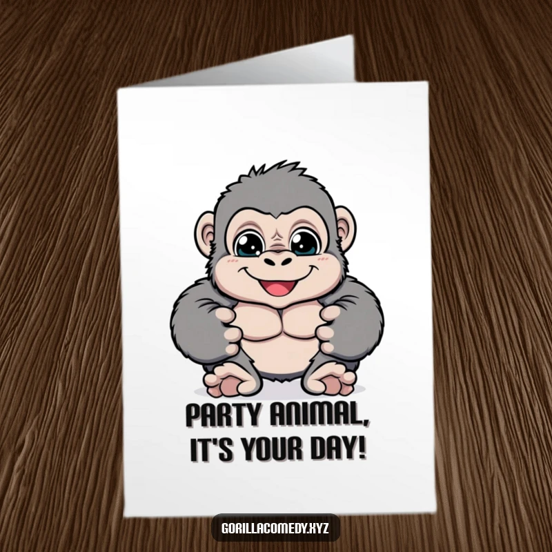 Funny Free Printable birthday card of a cheerful gorilla pounding its chest playfully, ideal for a humorous celebration.