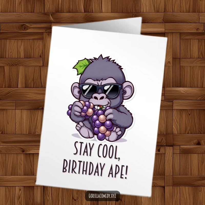 Funny Free Printable Gorilla Birthday Card: A cool gorilla in tiny sunglasses enjoys grapes, wishing a happy birthday.