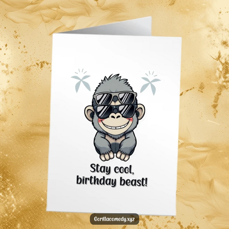 Funny Free Printable Birthday Card: A Kawaii gorilla wearing cool sunglasses with a wide, silly grin, looking super chill.