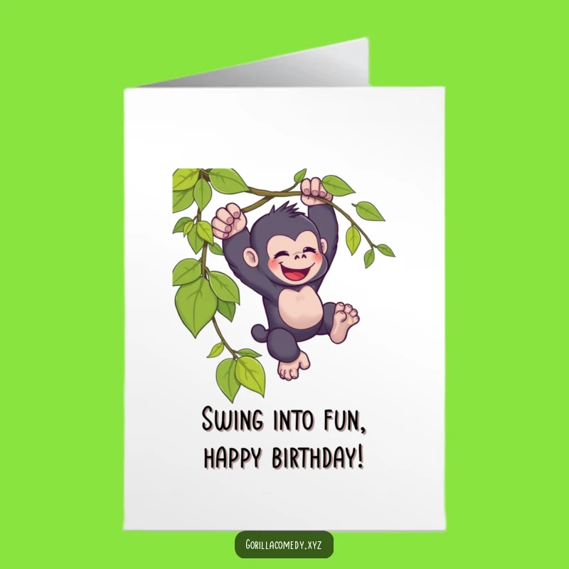 Free Printable Funny Birthday Card: Swinging Kawaii Gorilla - Joyful Downloadable Gift