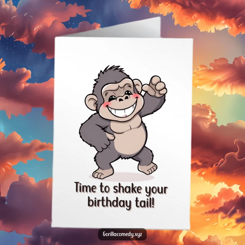 Funny Free Printable birthday card: a happy cartoon gorilla grins widely while performing a very silly and playful dance.