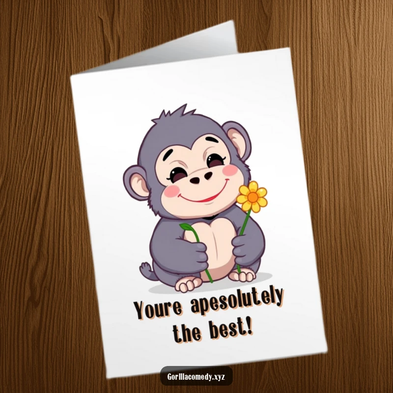 Funny Free Printable Birthday Card featuring a cute gorilla shyly presenting a flower with a content smile.