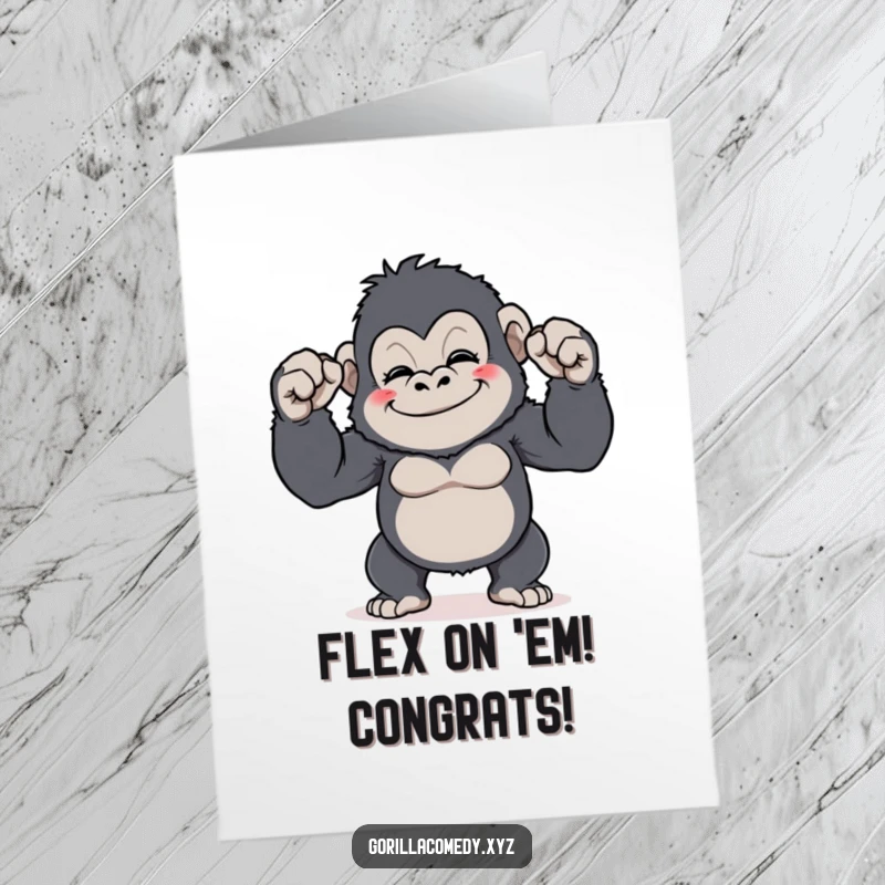 Funny Free Printable Congratulations Card: Adorable gorilla comically flexing its ridiculously small biceps with a wide, proud grin.