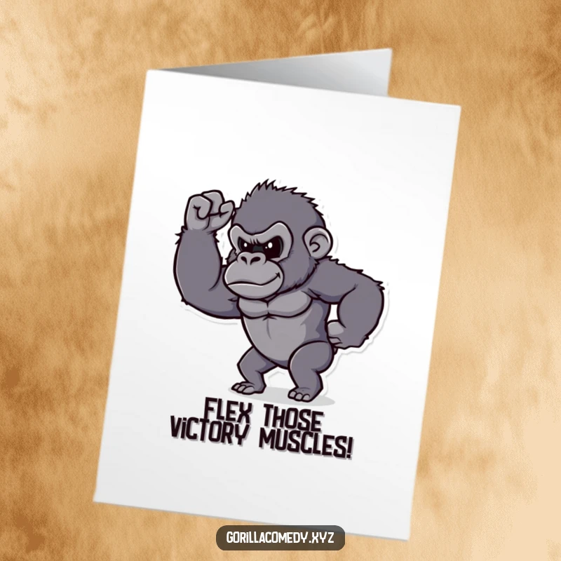 Funny Free Printable Congratulations Card: A determined gorilla proudly flexing its small bicep after a great achievement.