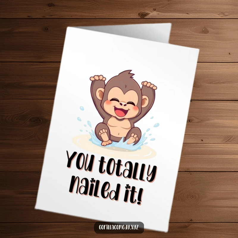 Funny Free Printable Congrats Card: Cute kawaii gorilla gleefully splashing water, expressing pure joy and celebration.