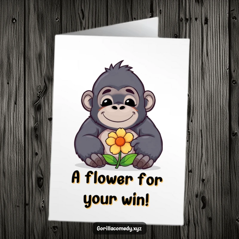 Funny Free Printable Congrats Card: Adorable kawaii gorilla with a contented smile presents a beautiful flower.