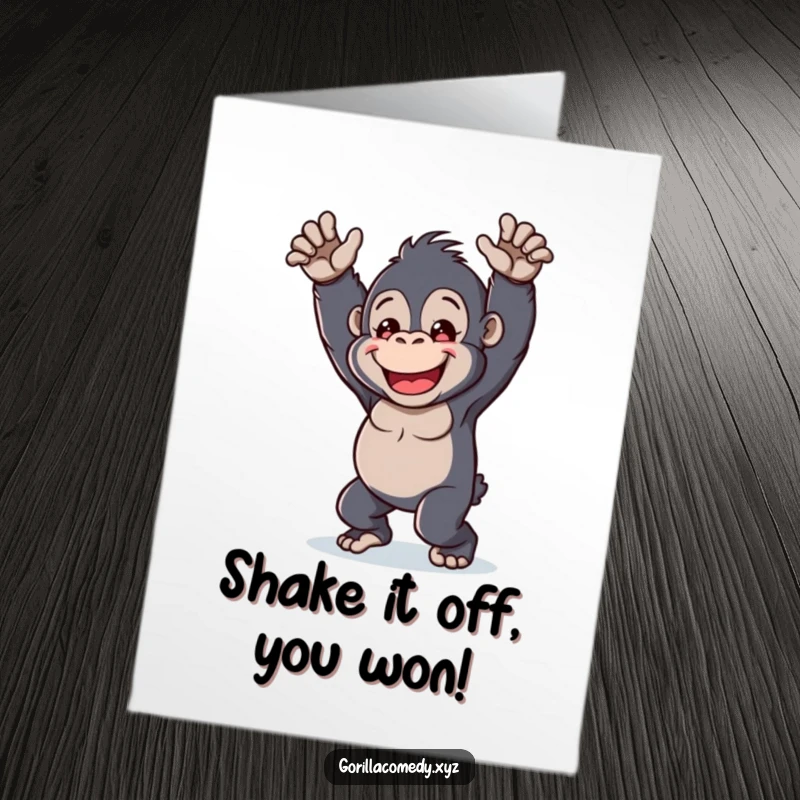 Funny Free Printable Congrats Card: A kawaii gorilla energetically dancing with pure joy, celebrating an achievement.