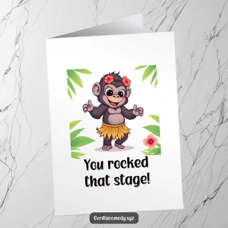Funny Free Printable Congratulations Card: Gorilla wearing grass skirt doing a playful hula dance, a unique downloadable.