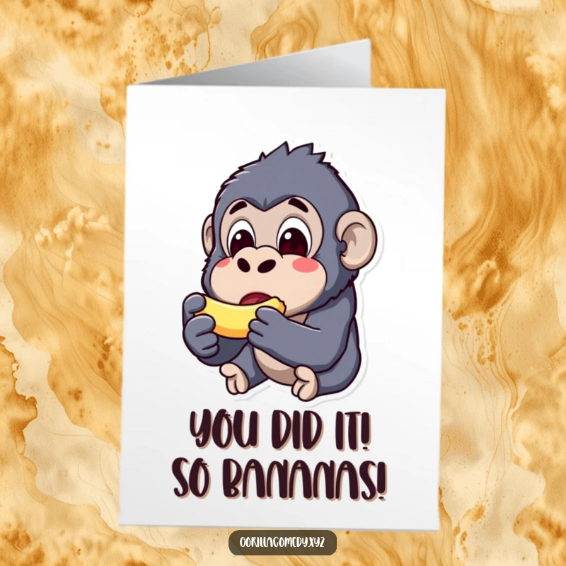 Funny Free Printable Congrats Card: Kawaii gorilla looking astonished while holding a tiny banana, celebrating success.