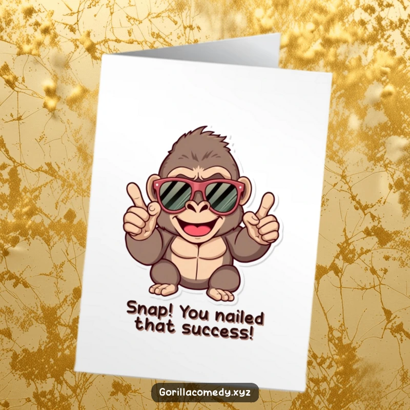 Funny Free Printable Congratulations Card: A happy gorilla with oversized sunglasses giving a cool finger snap to celebrate.