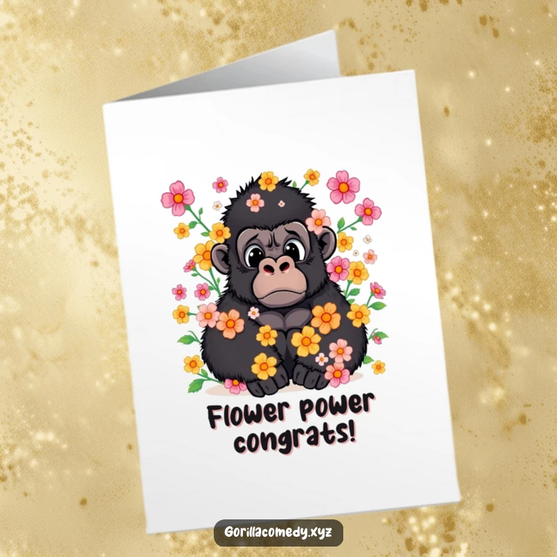 Funny free printable congratulations card: a surprised gorilla is showered with flowers, symbolizing delightful success.