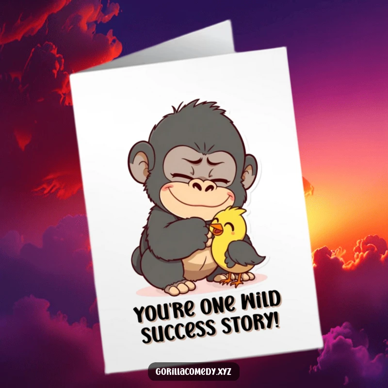 Funny Free Printable Congrats Card: Gorilla playfully tickling a small bird, both with silly expressions.