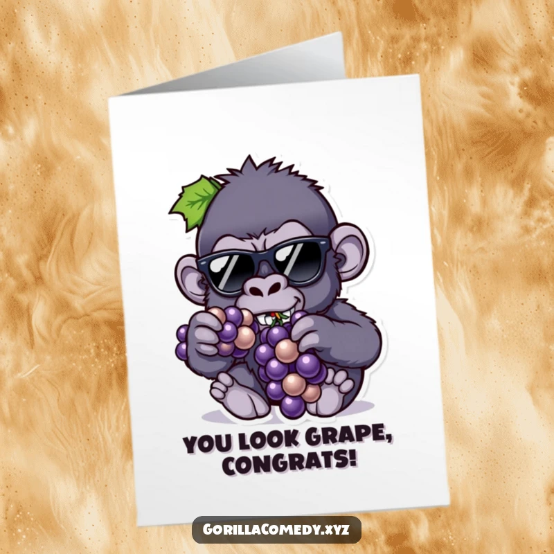 Funny Free Printable Gorilla Congratulations Card: A gorilla wearing sunglasses looks cool while eating grapes, celebrating success.