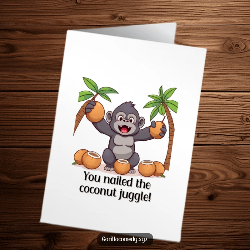Funny Free Printable Congratulations Card: Kawaii gorilla triumphantly juggling coconuts, looking proud of their accomplishment.