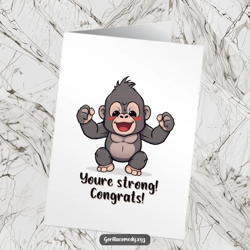 Funny Free Printable Kawaii Gorilla Congratulations Card: Adorably strong gorilla character flexing its tiny biceps to celebrate a win.