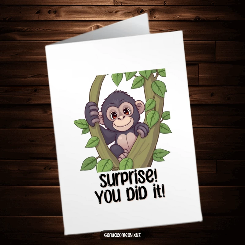 Funny Free Printable congratulations card featuring a playful gorilla curiously peeking from behind a vine, perfect for a surprising message.