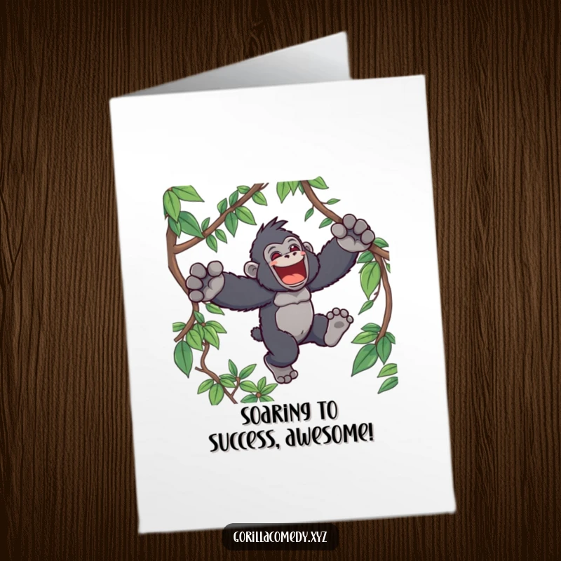 Funny Free Printable Congrats Card: Exuberant Kawaii gorilla soaring through jungle vines, cheering you on with primate power.