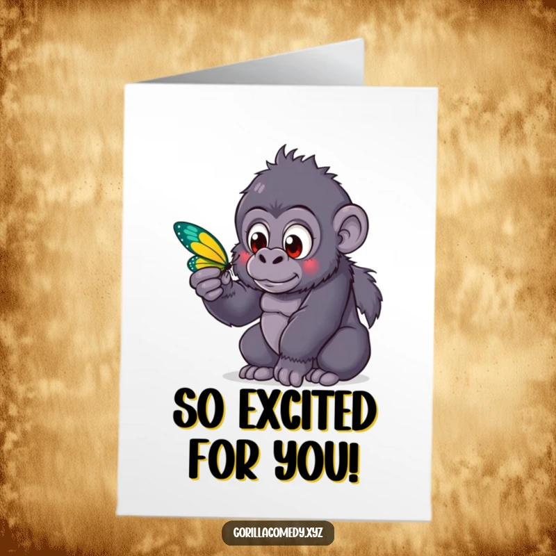 Funny Free Printable Congrats Card: Adorable kawaii gorilla with wide eyes gazes curiously at a beautiful, colorful butterfly.