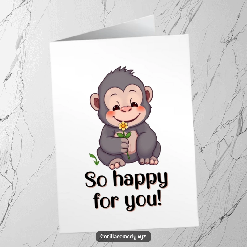 Free Printable Congratulations Card: A gentle gorilla offers a tiny flower with a caring smile, celebrating success.