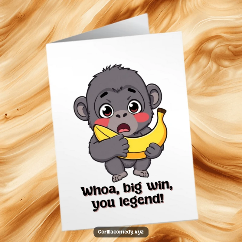 Funny Free Printable Congratulations Card: A gorilla with wide, surprised eyes holding a banana that's comically too big.