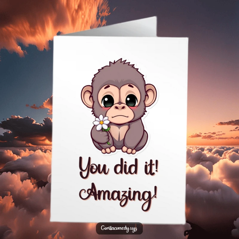 Funny Free Printable Congratulations Card: Startled gorilla with wide eyes holding a small flower, conveying surprise.